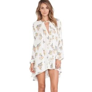 Free People White Gardenia Retro Swing Tunic Mini Dress Floral Long Sleeve XS
